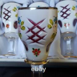 (6) Moser BOHEMIAN ART GLASS CORDIALS White Overlay Cranberry HAND PAINTED NICE