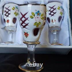 (6) Moser BOHEMIAN ART GLASS CORDIALS White Overlay Cranberry HAND PAINTED NICE