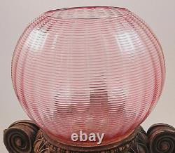 6x6 Antique Bohemian Applied Cranberry Threaded Art Deco Glass Fish Bowl Vase