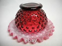 7 Fenton Cranberry Red & Opalescent Hobnail Fairy Candle Lamp 3 Pc Mint Large