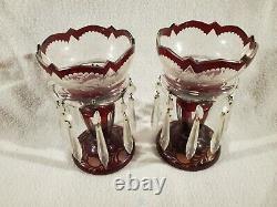 7 Lustres Vase Czech Antique Cranberry Bohemian Crystal Girandole Victorian