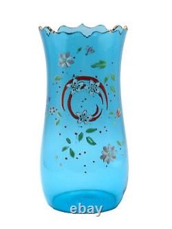 8 Antique Bohemian Harrach Blue Hand Painted Floral Art Glass Vase w Cut Rim