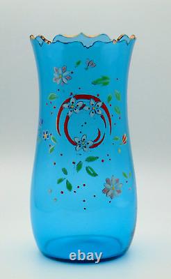 8 Antique Bohemian Harrach Blue Hand Painted Floral Art Glass Vase w Cut Rim