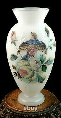 8 Victorian Bohemian Harrach Hand Painted Coralene Bird & Floral Art Glass Vase