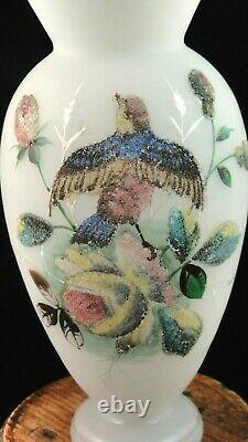 8 Victorian Bohemian Harrach Hand Painted Coralene Bird & Floral Art Glass Vase