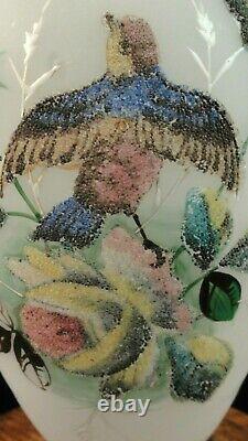 8 Victorian Bohemian Harrach Hand Painted Coralene Bird & Floral Art Glass Vase