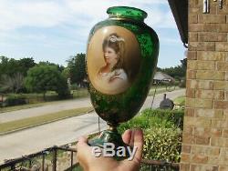 9-1/2 Antique Bohemian Victorian Emerald Green Gold Gilt Vase withLadies Portrait