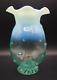 9 Antique Bohemian Green Opalescent Art Glass Vase With Thorns & Applied Base