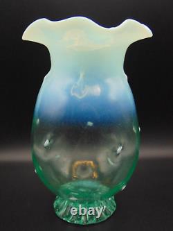 9 Antique Bohemian Green Opalescent Art Glass Vase with Thorns & Applied Base