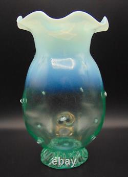 9 Antique Bohemian Green Opalescent Art Glass Vase with Thorns & Applied Base