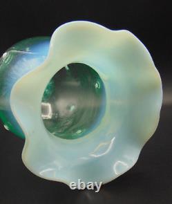 9 Antique Bohemian Green Opalescent Art Glass Vase with Thorns & Applied Base