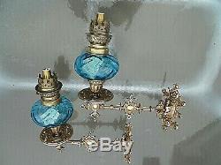 A Fine Quality Pair Of Original Blue Victorian Art Nouveau Sconce Oil Lamps