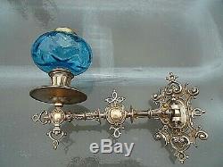 A Fine Quality Pair Of Original Blue Victorian Art Nouveau Sconce Oil Lamps