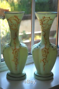 A Pair of Harrach Bohemian Uranium Glass Vases Victorian Enamelled Glass #214