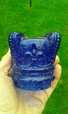 A Rare Victorian Blue Clarkes Prince of Wales Fleur De Lys Glass FAIRY LAMP