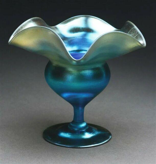 A Stunning Tiffany Studios Blue Iridescent Flower Form Favrile Art Glass Vase