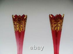 A pair of late 19th century Bohemian cranberry glass vases decorated with gilded