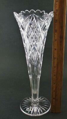 ABP Cut Glass 12 tall TRUMPET VASE Crosshatch, Zipper & Fan design c. 1900