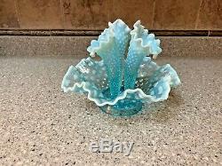 AMAZING! Fenton Blue Green Aqua Opalescent Hobnail Epergne 3 Lily Horn Vase