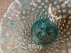 AMAZING! Fenton Blue Green Aqua Opalescent Hobnail Epergne 3 Lily Horn Vase