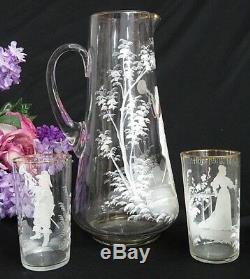 ANTIQUE Art Glass ENAMEL hand painted MARY GREGORY 12 pitcher & 6 tumblers SET