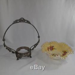 ANTIQUE BRIDAL BASKET Silver Crest CASED Yellow Crimped Edge Bowl SILVER PLATE