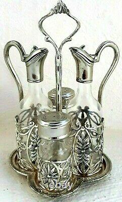 ANTIQUE Cruet Set of 4 Salt Pepper Oil Vinegar Silver Plate Mint