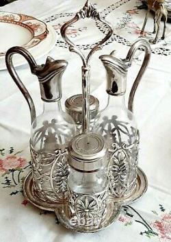 ANTIQUE Cruet Set of 4 Salt Pepper Oil Vinegar Silver Plate Mint