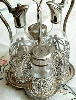 ANTIQUE Cruet Set of 4 Salt Pepper Oil Vinegar Silver Plate Mint