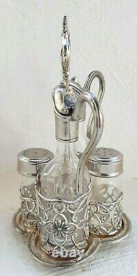 ANTIQUE Cruet Set of 4 Salt Pepper Oil Vinegar Silver Plate Mint