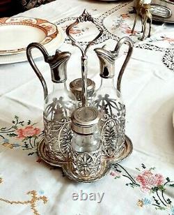 ANTIQUE Cruet Set of 4 Salt Pepper Oil Vinegar Silver Plate Mint