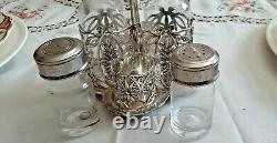 ANTIQUE Cruet Set of 4 Salt Pepper Oil Vinegar Silver Plate Mint