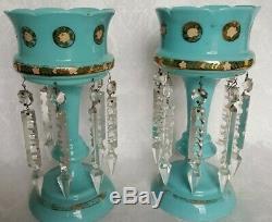 ANTIQUE FRENCH BLUE OPALINE ENAMEL DECORATED MANTLE LUSTRES WithPRISMS