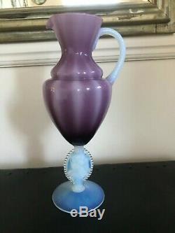 ANTIQUE FRENCH OPALINE ART GLASS WATER JUG & GLASS PORTRAIT BEAUTIFUL 15 1800s