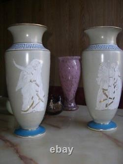 ANTIQUE HP BACCARAT OPALINE GLASS PAIR OF PORTRAIT VASES 14 H ca 1900