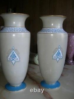 ANTIQUE HP BACCARAT OPALINE GLASS PAIR OF PORTRAIT VASES 14 H ca 1900