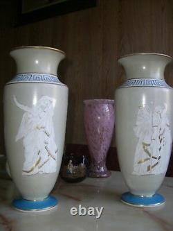 ANTIQUE HP BACCARAT OPALINE GLASS PAIR OF PORTRAIT VASES 14 H ca 1900