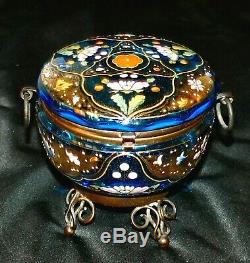 ANTIQUE MOSER TEAL GLASS FOOTED DRESSER BOX Rare Enamel STUNNER