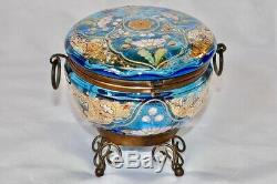 ANTIQUE MOSER TEAL GLASS FOOTED DRESSER BOX Rare Enamel STUNNER