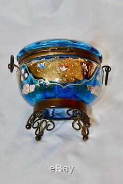 ANTIQUE MOSER TEAL GLASS FOOTED DRESSER BOX Rare Enamel STUNNER