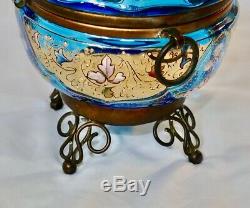 ANTIQUE MOSER TEAL GLASS FOOTED DRESSER BOX Rare Enamel STUNNER