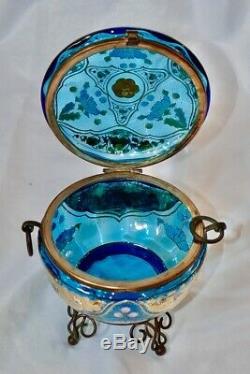 ANTIQUE MOSER TEAL GLASS FOOTED DRESSER BOX Rare Enamel STUNNER