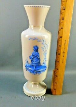 ANTIQUE Mary Gregory Victorian Art Glass White Blue Opaline Enamel Vase