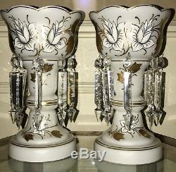 ANTIQUE PAIR OF CZECH/BOHEMIAN/VICTORIAN WHITE CASED compotes MANTLE ENDS LUSTRE
