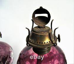 ANTIQUE Pair AMETHYST 11 PURPLE CUT Clear OIL KEROSENE Art Glass Victorian LAMP
