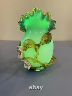 ANTIQUE UV REACTIVE Victorian Hand Blown Art Glass Vase WithApplied Flowers 7.25H