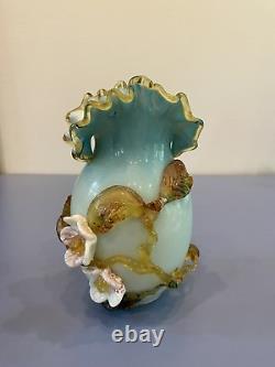 ANTIQUE UV REACTIVE Victorian Hand Blown Art Glass Vase WithApplied Flowers 7.25H