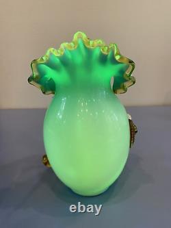 ANTIQUE UV REACTIVE Victorian Hand Blown Art Glass Vase WithApplied Flowers 7.25H