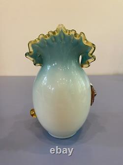 ANTIQUE UV REACTIVE Victorian Hand Blown Art Glass Vase WithApplied Flowers 7.25H