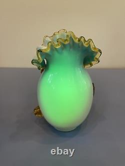 ANTIQUE UV REACTIVE Victorian Hand Blown Art Glass Vase WithApplied Flowers 7.25H